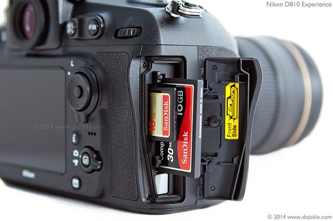 Detail of the Nikon D810, showing the SD and CF card slots.